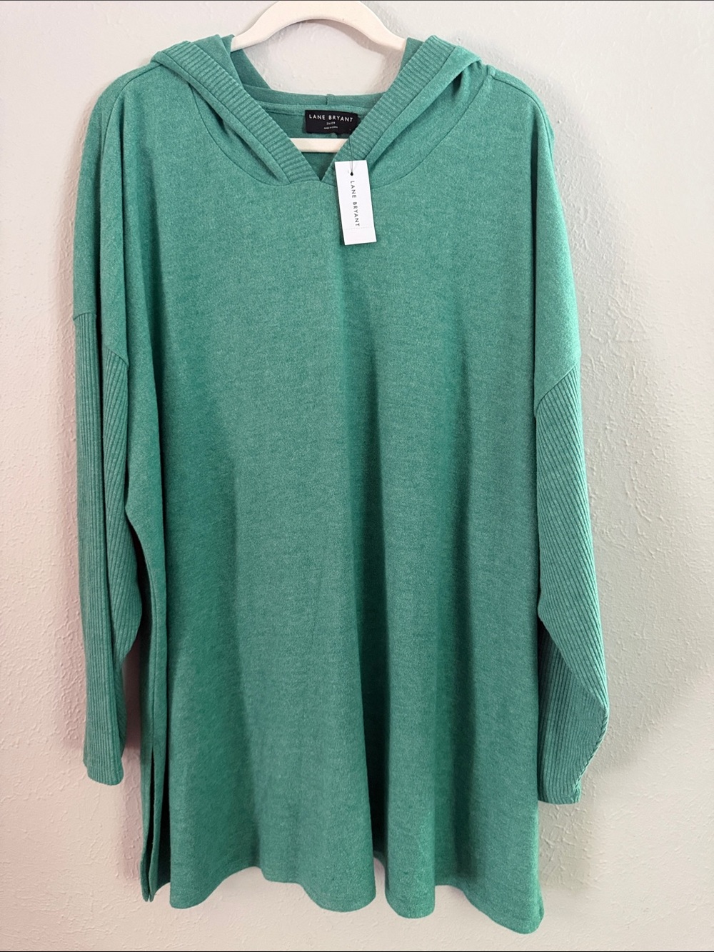 Lane Bryant Teal Green V-Neck Hooded Knit Sweater